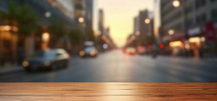 Generative AI, Empty wooden table top with blur background of a busy street, big city photo