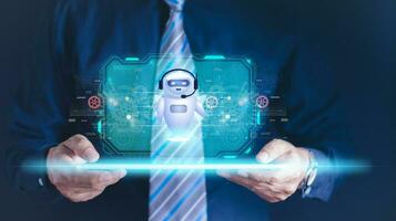 Ai tech, businessman show virtual graphic Global Internet connect Chat with AI, Artificial Intelligence. using command prompt for generates something, Futuristic technology transformation. photo