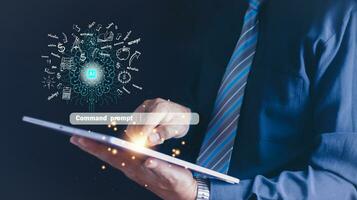 Ai tech, businessman show virtual graphic Global Internet connect Chat with AI, Artificial Intelligence. using command prompt for generates something, Futuristic technology transformation. photo