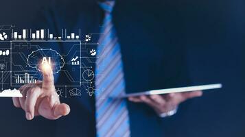 Ai tech, businessman show virtual graphic Global Internet connect Chat with AI, Artificial Intelligence. using command prompt for generates something, Futuristic technology transformation. photo