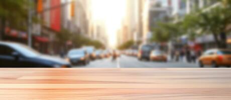 Generative AI, Empty wooden table top with blur background of a busy street, big city photo