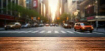 Generative AI, Empty wooden table top with blur background of a busy street, big city photo