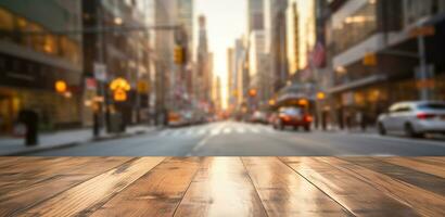 Generative AI, Empty wooden table top with blur background of a busy street, big city photo