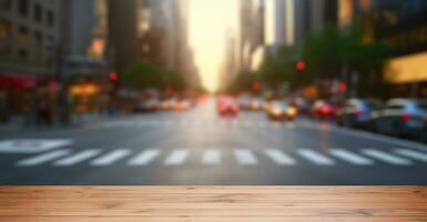 generativo ai, vacío de madera mesa parte superior con difuminar antecedentes de un ocupado calle, grande ciudad foto