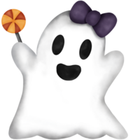 Watercolor Halloween Ghost wearing Bow and holding Candy png