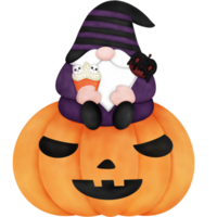 Aquarell Halloween Gnom mit Halloween Kürbis, Cupcake und vergiftet Apfel. png