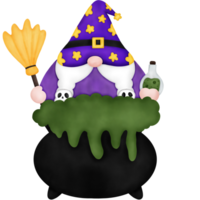 aquarelle sorcière gnome avec manche à balai, poison et chaudron. png