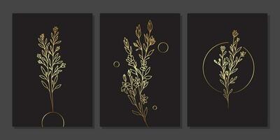 Set of luxury gold wall art. Geometric and line elements, golden leaves, branches, flowers. Abstract minimalist art mural illustration with linear plants on black background vector
