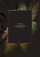 Luxury golden Christmas poster template. Gold christmas tree, pine branches. Fancy New Year black background with marble texture vector