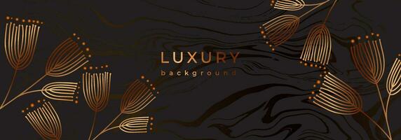 Luxury botanical banner with golden line flowers. Linear branches on marble black background. Bronze color plant. vector