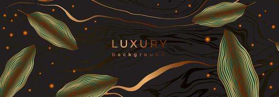 Luxury botanical banner with golden leaves. Linear branches on marble black background. Bronze color tree with leaf with veins. Magic night, glitter, shiny sky, fall, falling leaves vector