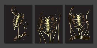 conjunto de lujo oro pared Arte. dorado alocasia hojas, línea Arte sucursales. lineal plantas en negro antecedentes. resumen minimalista Arte mural ilustración vector