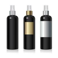 Black plastic bottle mockup with different labels. Round plastic packaging with silver and gold spray isolated on white background. Clean PET container vector