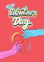 90s style Happy Valentine's day card with linear hands, heart, lettering. Male and female hand reaching out to each other vector