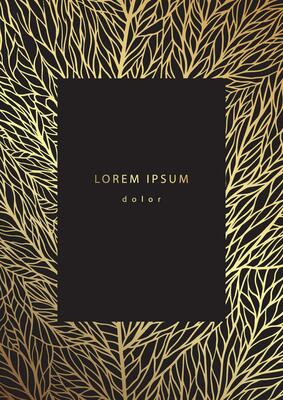 Luxury floral template with gold linear leaves texture. Black background with golden leaf veins