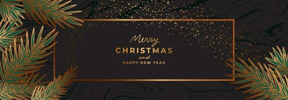 Luxury golden Christmas banner template. Gold christmas tree, pine branches, glitter. Fancy New Year black background with marble texture vector