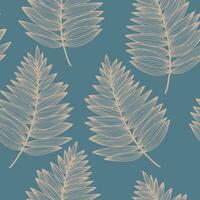 Retro linear seamless pattern with fern branches. Blue gray and beige background with tropical plant. Line art vector