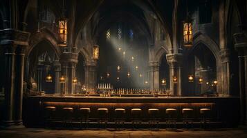 Generative AI, Cathedral antique interior with bar or pub inside, gothic church style photo