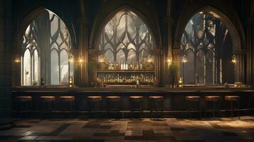 generativo ai, catedral antiguo interior con bar o pub adentro, gótico Iglesia estilo foto