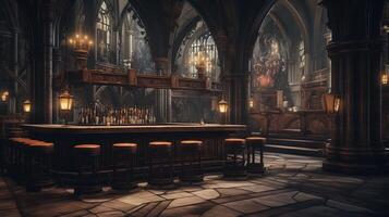 Generative AI, Cathedral antique interior with bar or pub inside, gothic church style photo