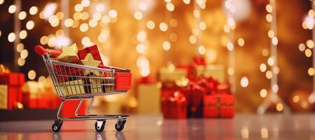 Generative AI, golden shopping cart with many gift boxes on red background with glittered bokeh, Christmas concept, discount and sale. photo