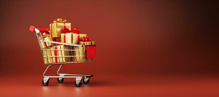 Generative AI, golden shopping cart with many gift boxes on red background with glittered bokeh, Christmas concept, discount and sale. photo