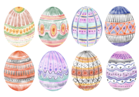 Set of watercolor Easter eggs with geometric pattern. Collection of Hand drawn colored Easter eggs with ornament png