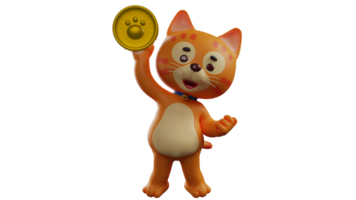 3d ilustración. contento naranja gato 3d dibujos animados personaje. naranja gato destacado arriba mientras participación arriba el oro monedas él consiguió. naranja gato apretado su puños y presentado un contento expresión. 3d dibujos animados personaje png