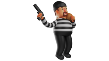 3D illustration. Handsome Thief 3D Cartoon Character. The thief walks while carrying a sack of money. The cool thief pointed his gun facing upwards. 3D cartoon character png