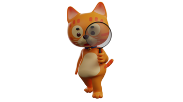 3D illustration. Smart Orange Cat 3D Cartoon Character. A smart cat is doing a study using a magnifying glass. The orange catfish shows a serious expression. 3D cartoon character png