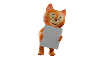 3d illustration. de bonne humeur Orange chat 3d dessin animé personnage. Orange chat avec content pose. Orange chat en portant blanc papier avec tous les deux mains. Orange chat souriant Heureusement. 3d dessin animé personnage png