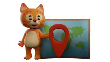 3D illustration. Awesome Cat 3D Cartoon Character. Cool cat standing next to the map. The orange cat is showing the map to everyone he meets. 3D cartoon character png