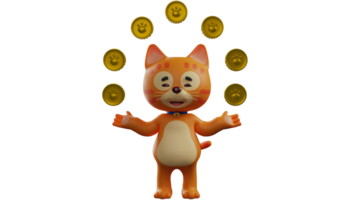 3d illustration. sucré chat 3d dessin animé personnage. le Orange chat est filage une lot de or pièces de monnaie sur il. adorable Orange chat montrant le sien sucré sourire. 3d dessin animé personnage png