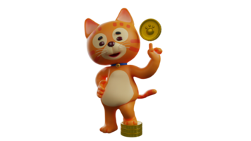 3D illustration. Orange Cat 3D Cartoon Character. The tiny orange cat raised one paw on a pile of gold coins. Handsome cat showing the gold coins he has. 3D cartoon character png