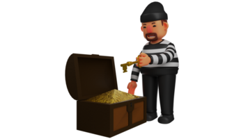 3D illustration. Lucky Thief 3D Cartoon Character. Thieves managed to find treasure. A great thief managed to open the treasure he found. The thief looks so happy. 3D cartoon character png