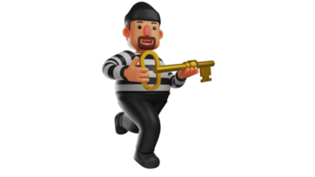 3D illustration. Cool Thief 3D Cartoon Character. The thief gets a key to open the target's house. The evil thief holds the key with both hands. 3D cartoon character png