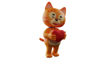3d Illustration. romantisch Orange Katze 3d Karikatur Charakter. Orange Katze Stehen während halten rot Liebe. ein Süss Orange Katze ist lächelnd und werden geben ein Herz Symbol zu seine Freund. 3d Karikatur Charakter png