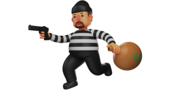 3D illustration. Agile Thief 3D Cartoon Character. The thief ran away carrying a sack of stolen money. The thief tries to escape as quickly as possible. 3D cartoon character png