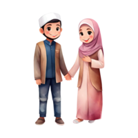 glücklich Muslim Paar im Liebe süß Maskottchen Zeichen isoliert transparent Hochzeit ai generativ Illustration png