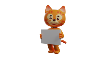 3d Illustration. unschuldig Orange Katze 3d Karikatur Charakter. das Orange Katze ist halten ein Weiß Papier mit beide Hände. das Orange Katze Wer lächelt süß beim alle. 3d Karikatur Charakter png
