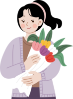 femme tenant un bouquet de fleurs png