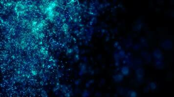 Blurred blue abstract background of bokeh and small round particles of energy magical holiday flying dots on a black background video