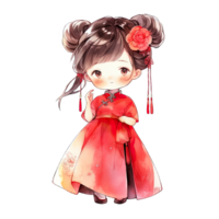 Girl wears a red qipao dress with a Chinese hairstyle during Chinese New Year ,ai generated png