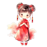 fille porte une rouge qipao robe avec une chinois coiffure pendant chinois Nouveau année ,ai généré png