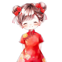 niña usa un rojo qipao vestir con un chino peinado durante chino nuevo año ,ai generado png