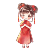 fille porte une rouge qipao robe avec une chinois coiffure pendant chinois Nouveau année ,ai généré png