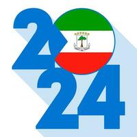 Happy New Year 2024, long shadow banner with Equatorial Guinea flag inside. Vector illustration.