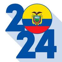 Happy New Year 2024, long shadow banner with Ecuador flag inside. Vector illustration.