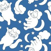 sin costura dibujos animados mano dibujado modelo de dormido garabatear gatos, Luna y estrellas en un azul antecedentes para tela textil o envase papel. linda dibujos animados vector ilustración para niños