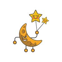 Angry moon icon character. flying with stars on a white background. vector